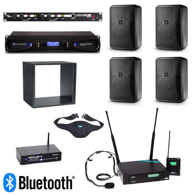 Picture collage featuring four JBL Control 28 Speakers and Weather Max Grill, one Crown Amplifier, one Fitness Audio 4 Channel Mixer, one Fitness Audio Bluetooth Receiver, one MiPro Wireless Beltpack and Receive, one Fitness Audio E Mic Headset Microphone, one MB3 Tune Belt, one Middle Atlantic 8RU Wooden Rack and one 200' Premium 14AWG Speaker Cable.